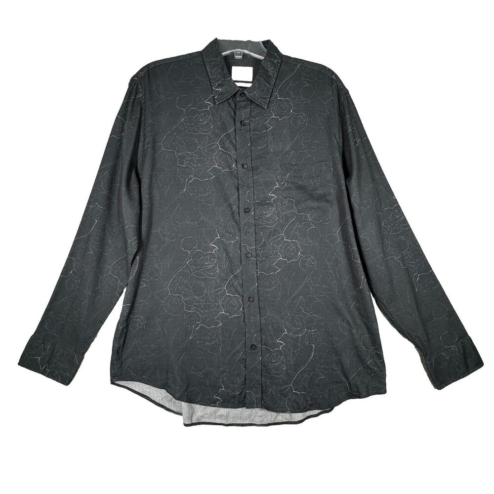 Billy Reid‎ Shirt Mens XL Slim Charcoal Gray Kirby Shirt Printed Neutral Preppy